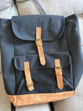 DSW Black Canvas Backpack with Tan Leather Accents